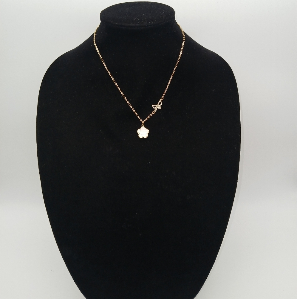 14K Gold Plated Jeweled Butterfly and Clover Style Necklace 8.5"​​ - Picture 2 of 3